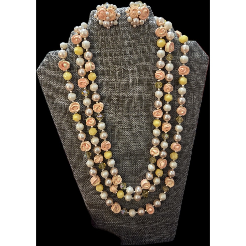 Japanese Pink Yellow 3 Strand Necklace & Clip On Earrings Vintage Rolled Floral